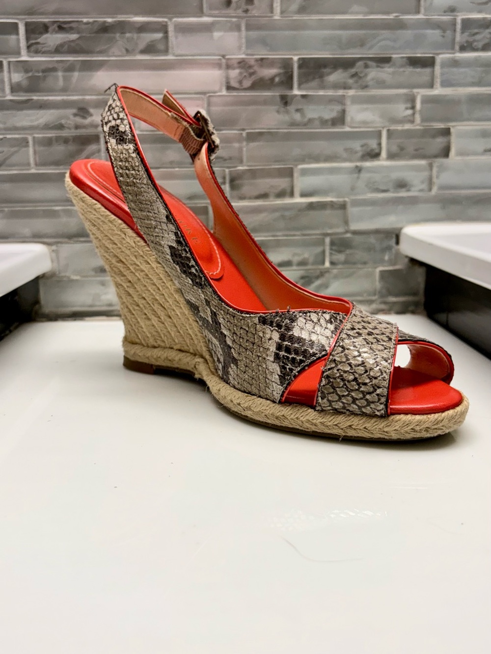 Audrey Brooke wedge snakeskin print sling back Espadrilles Sandals. Size 7.5